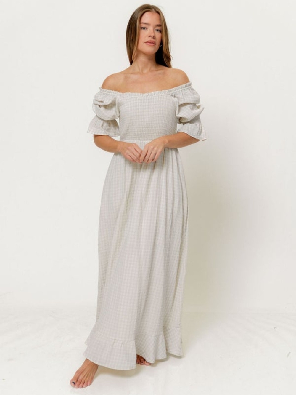 Off-Shoulder Puff Sleeve Maxi Dress in Light Beige Gingham